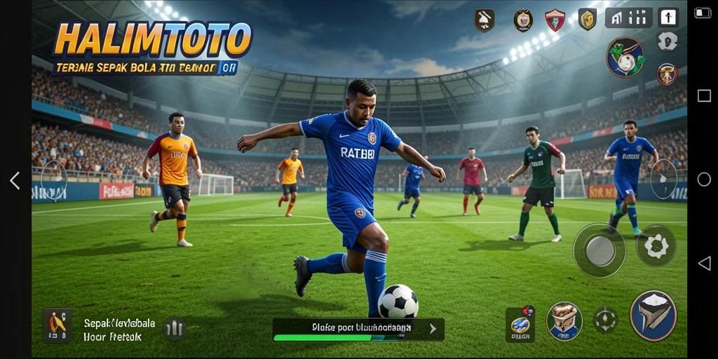 Screenshot utama HALIMTOTO menampilkan aksi mendebarkan dalam pertandingan sepak bola.