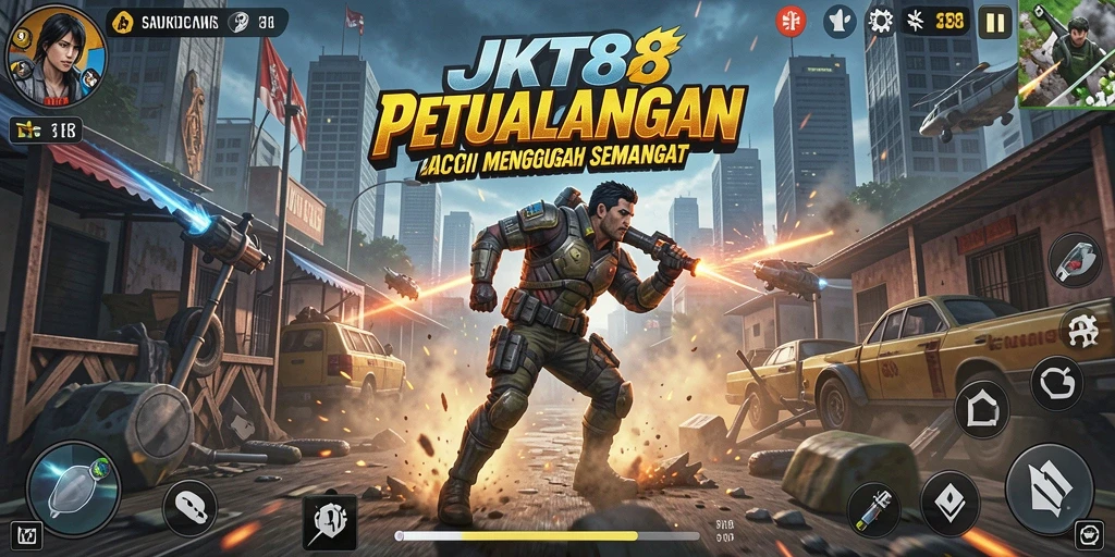 Tampilan gameplay JKT8 yang mendebarkan dengan aksi petualangan.