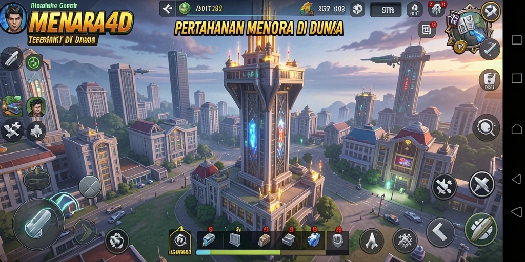 Tampilan mendebarkan dari gameplay Tower Defense dalam MENARA4D.