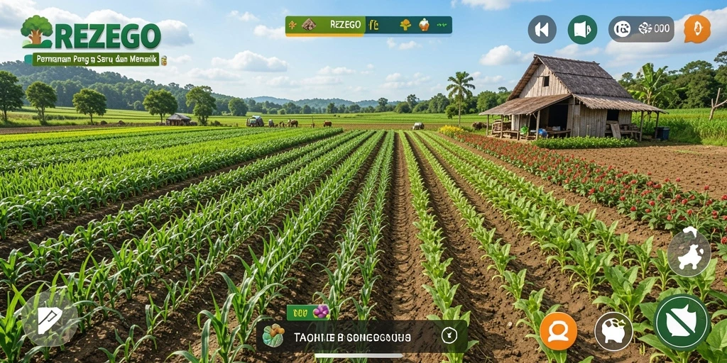 Tampilan gameplay pertanian yang menarik dan penuh warna di REZEGO.