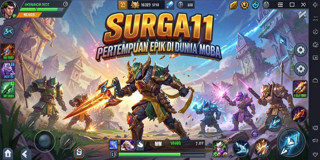 Tampilan utama gameplay SURGA11 yang menyuguhkan pertempuran MOBA yang seru.